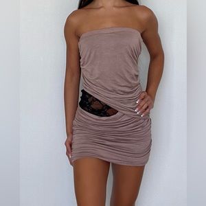 Mystic Mauve Ruched Strapless Mini Dress with Black Lace Detail